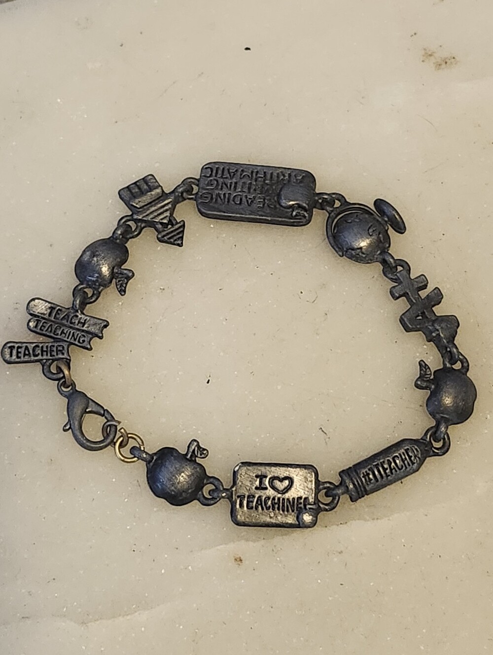 Vtg "I Heart Teaching" Teacher Charm Bracelet - Antique Silver Tone
